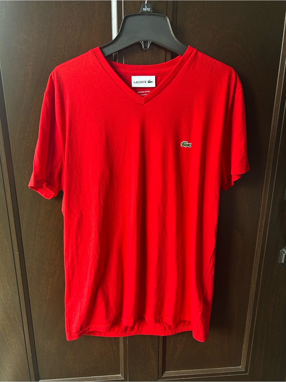 Lacoste Red V-Neck Short Sleeve T Shirt Tee with Crocodile Logo
